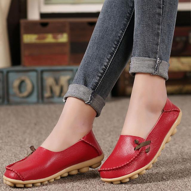 Merkmak Large Size Leather Women Shoes Flats Mother Shoes Girls Lace-up Fashion Casual Shoes Comfortable Breathable Women Flats