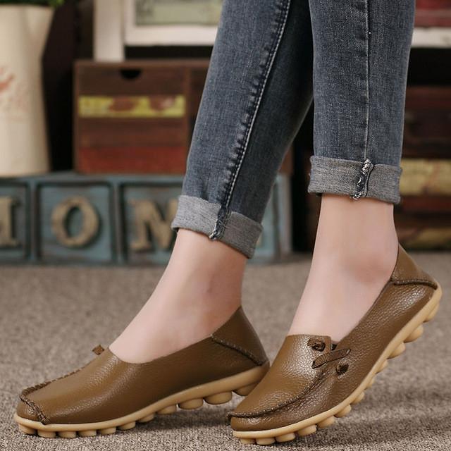 Merkmak Large Size Leather Women Shoes Flats Mother Shoes Girls Lace-up Fashion Casual Shoes Comfortable Breathable Women Flats