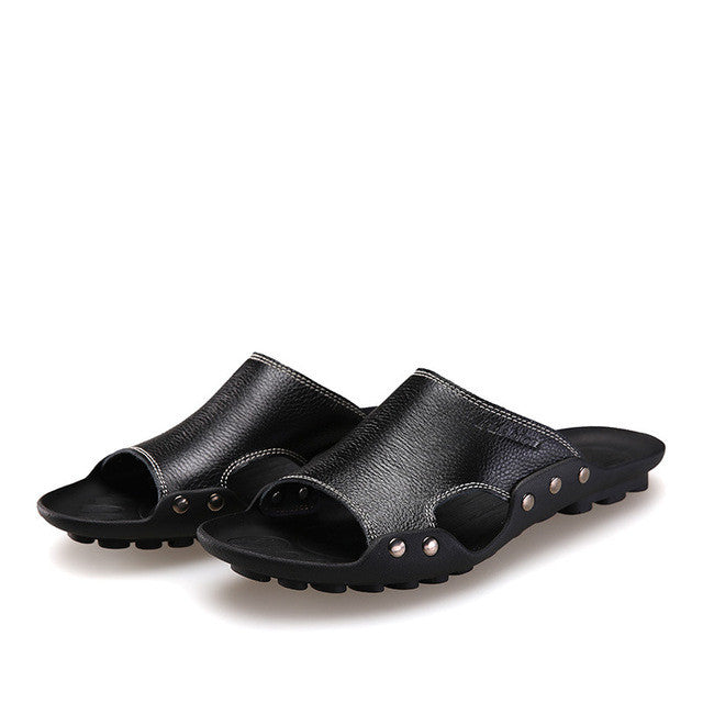 Merkmak Genuine Leather Slippers Men Summer Sandals Breathable Brand Designer Stylish Shoes Real Leather Seaside Beach Flats
