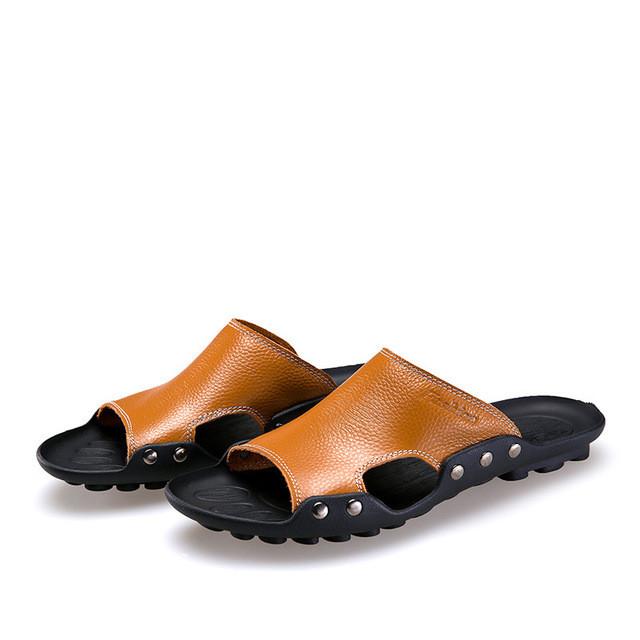 Merkmak Genuine Leather Slippers Men Summer Sandals Breathable Brand Designer Stylish Shoes Real Leather Seaside Beach Flats