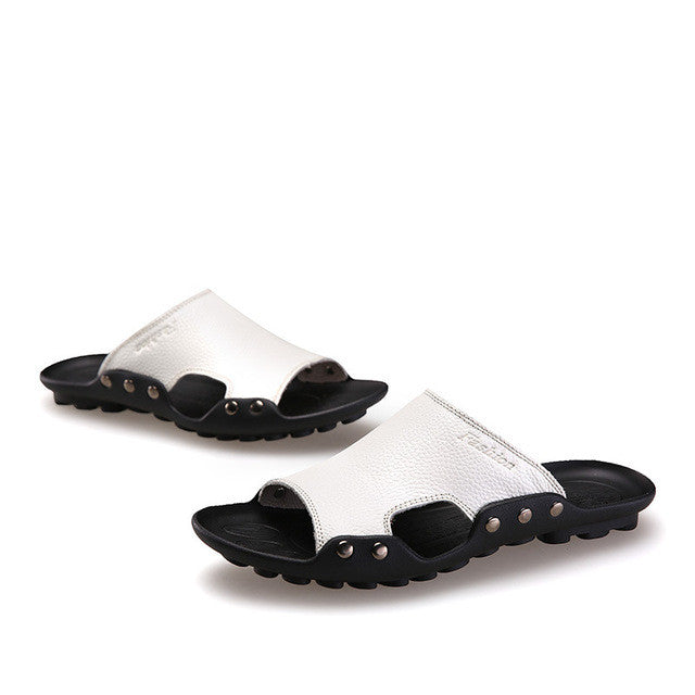 Merkmak Genuine Leather Slippers Men Summer Sandals Breathable Brand Designer Stylish Shoes Real Leather Seaside Beach Flats