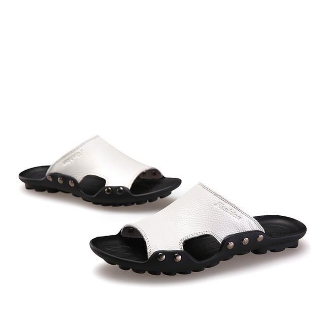 Merkmak Genuine Leather Slippers Men Summer Sandals Breathable Brand Designer Stylish Shoes Real Leather Seaside Beach Flats
