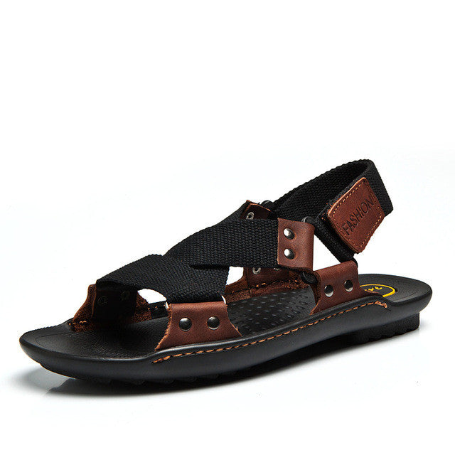 Merkmak Brand 2017 New Summer Casual Sandals Men Beach Shoes Genuine Leather Nylon Flat Shoes Breathable Zapatos Plus Size 38-44