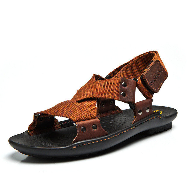 Merkmak Brand 2017 New Summer Casual Sandals Men Beach Shoes Genuine Leather Nylon Flat Shoes Breathable Zapatos Plus Size 38-44