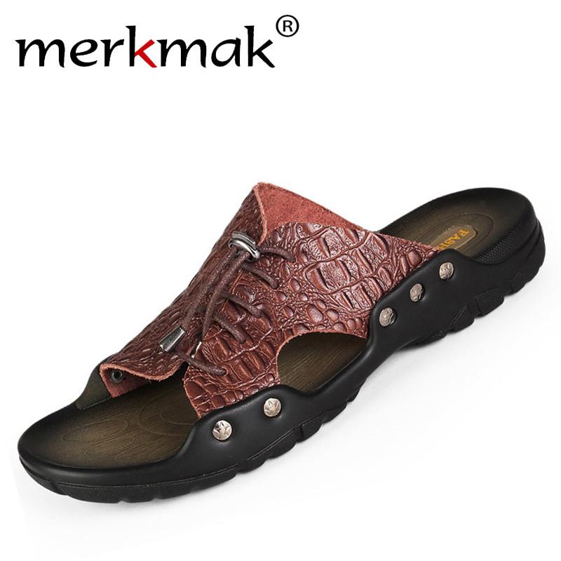 Merkmak 2017 New Men Genuine Leather Holiday Beach Shoes Flip Flops Men's Casual Flat Shoes Sandals Summer Slippers For Men