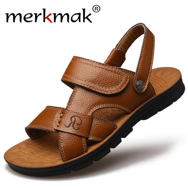 Merkmak Genuine Leather Casual Men Sandals Slippers Fashion Summer Beach Men's Flip Flops Walking Flats Footwear Zapatos Hombres
