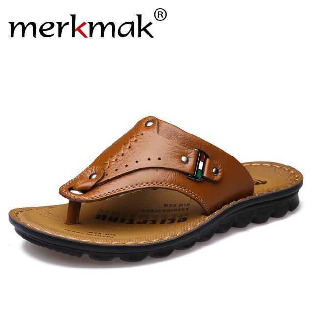 Merkmak Men Flip Flops Genuine Leather Slippers Summer Fashion Beach Sandals Casual Leisure Shoes for Man Soft Comfortable