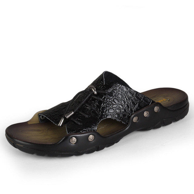 Merkmak Sandals Men Beach Shoes Comforatble Crocodile Leather Flip Flop Casual Outdoor Men Slipper Sandal Big Size37-46 Dropship