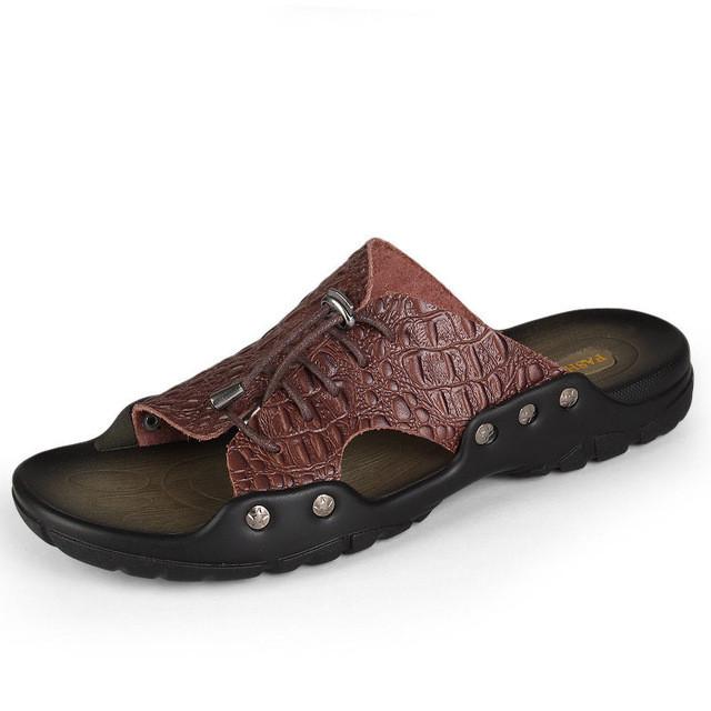 Merkmak Sandals Men Beach Shoes Comforatble Crocodile Leather Flip Flop Casual Outdoor Men Slipper Sandal Big Size37-46 Dropship