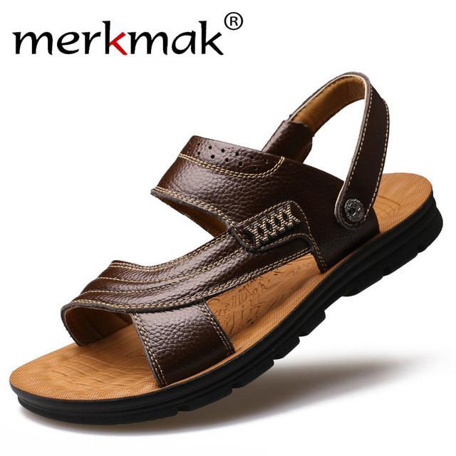 Merkmak New Hot Summer Male Sandals Men Genuine Leather Shoes Slippers Casual Sandal Brand Beach Flat Shoes for Man Size 39-44