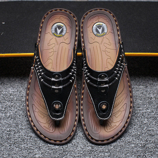 Merkmak 2017 Genuine Leather Sandals Men Shoes Leisure Summer Beach Comfortable Flip Flops Shoes Men Flats Footwear Wholesales
