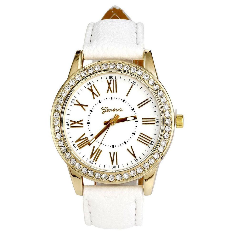 Geneva Women's Leather Band Roman Rhinestone Quartz Wrist Watch Watches