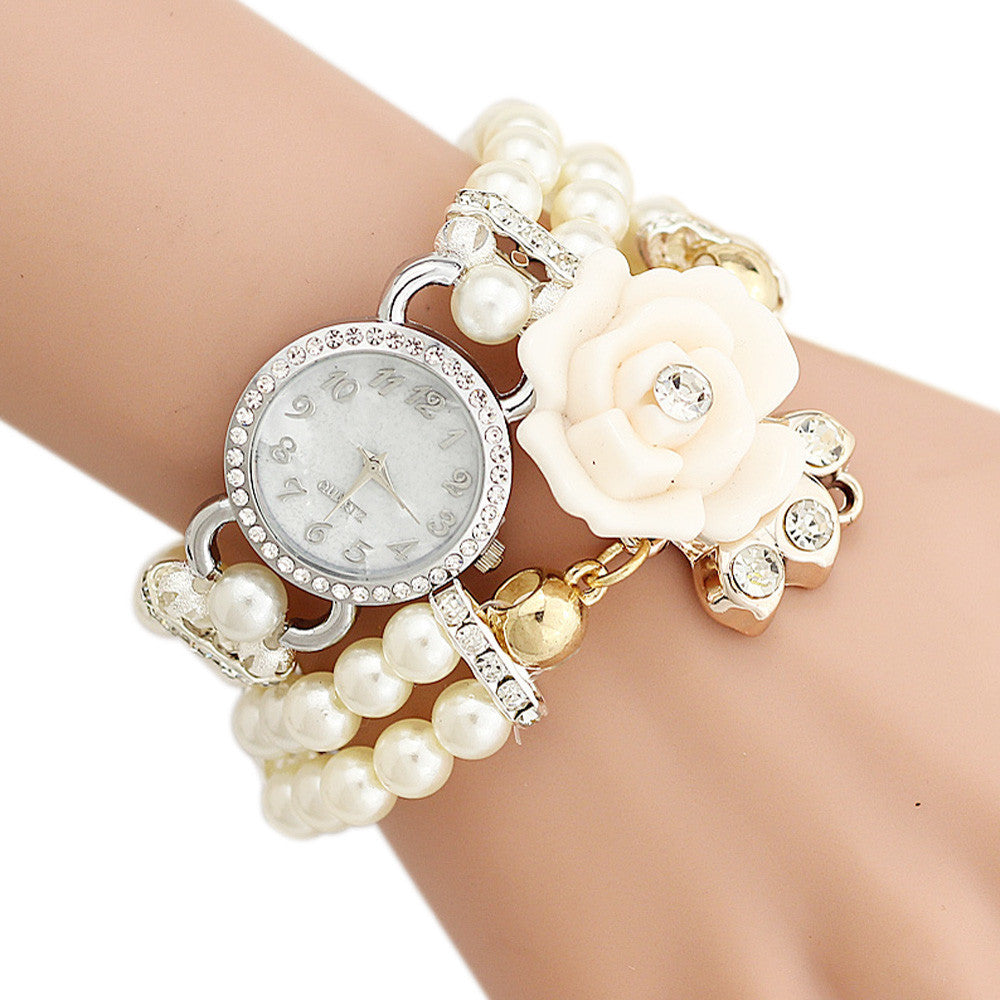 Personalized Flowers Pearl Wrapped Bracelet Watch Ladies Fashion Watch