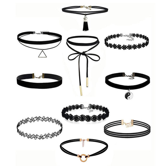 10Pieces Choker Necklace Set Stretch Velvet Classic Gothic Tattoo Lace Choker
