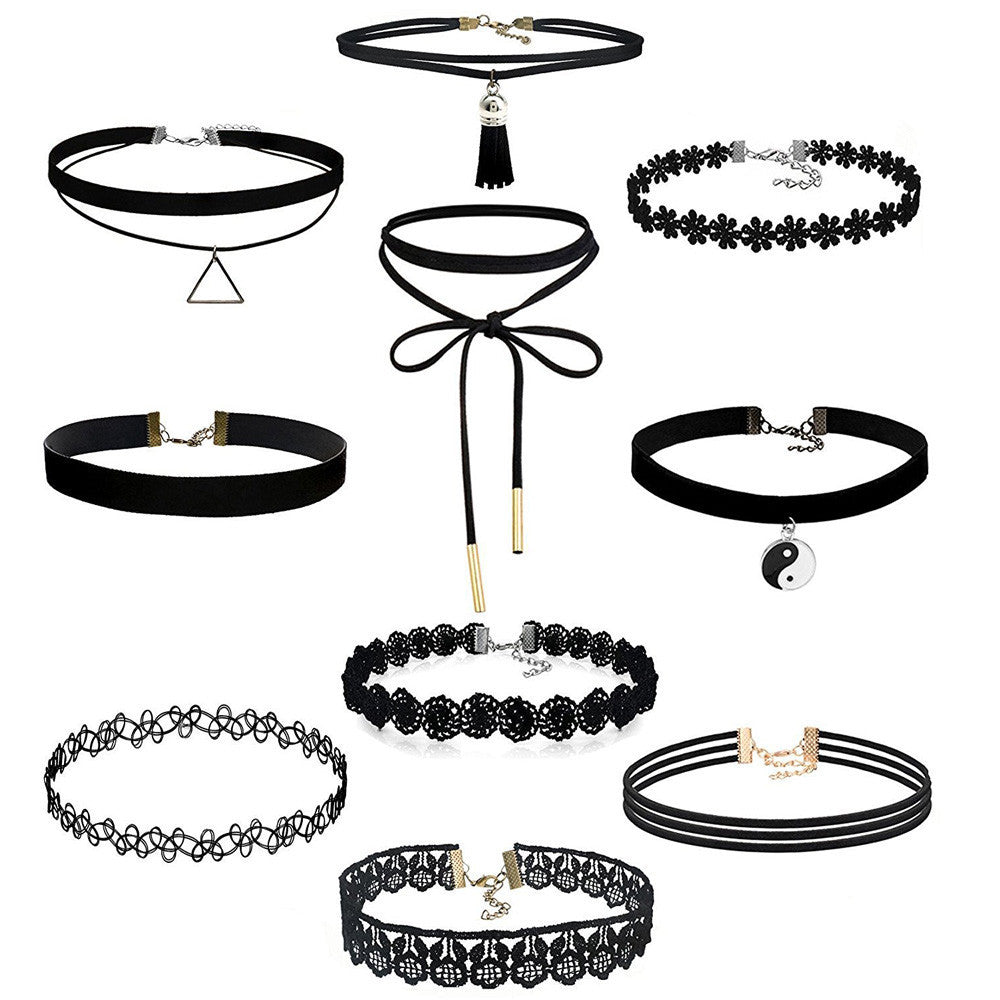 10Pieces Choker Necklace Set Stretch Velvet Classic Gothic Tattoo Lace Choker