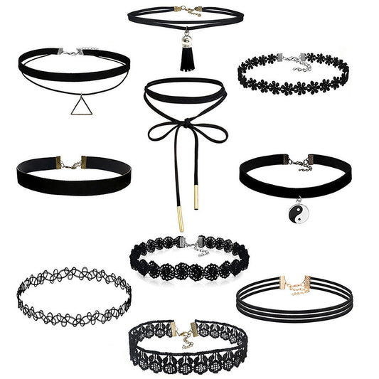10Pieces Choker Necklace Set Stretch Velvet Classic Gothic Tattoo Lace Choker