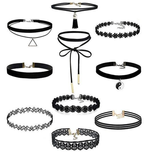 10Pieces Choker Necklace Set Stretch Velvet Classic Gothic Tattoo Lace Choker