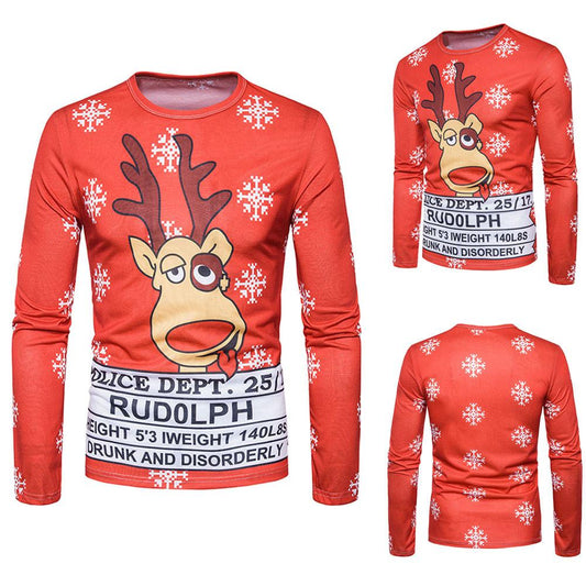  Men Autumn Winter Xmas Christmas PrintingTop Men's Long-sleeved T-shirt Blouse