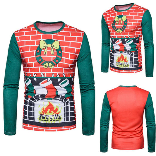  Men Autumn Winter Xmas Christmas PrintingTop Men's Long-sleeved T-shirt Blouse