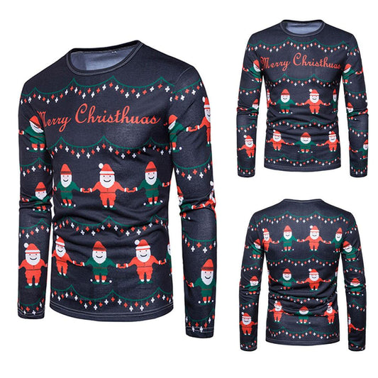  Men Autumn Winter Xmas Christmas PrintingTop Men's Long-sleeved T-shirt Blouse